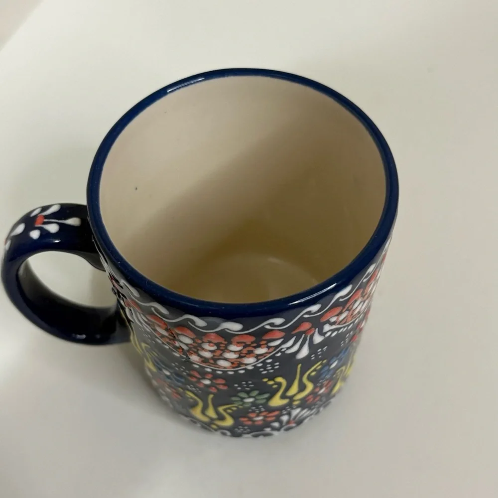 Hand-Painted Ceramic Mug in Navy Blue with Multicolor Floral Pattern